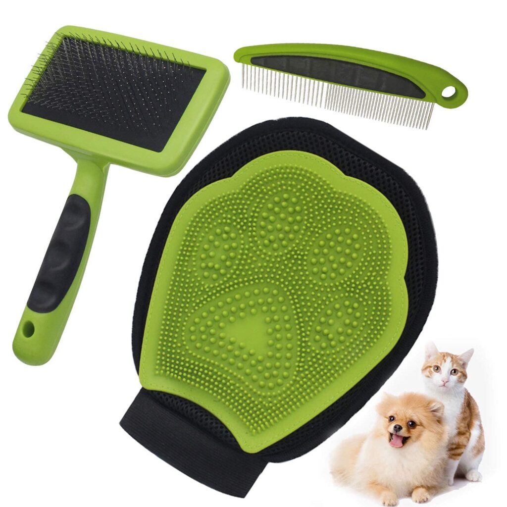 Pet Brush Set Pet Bathing Gloves and Comb Dog Hair Removal Comb Set 3 in 1 Dog Grooming Kit For Hair Removal Carding Dematting Deshedding Kart Fury